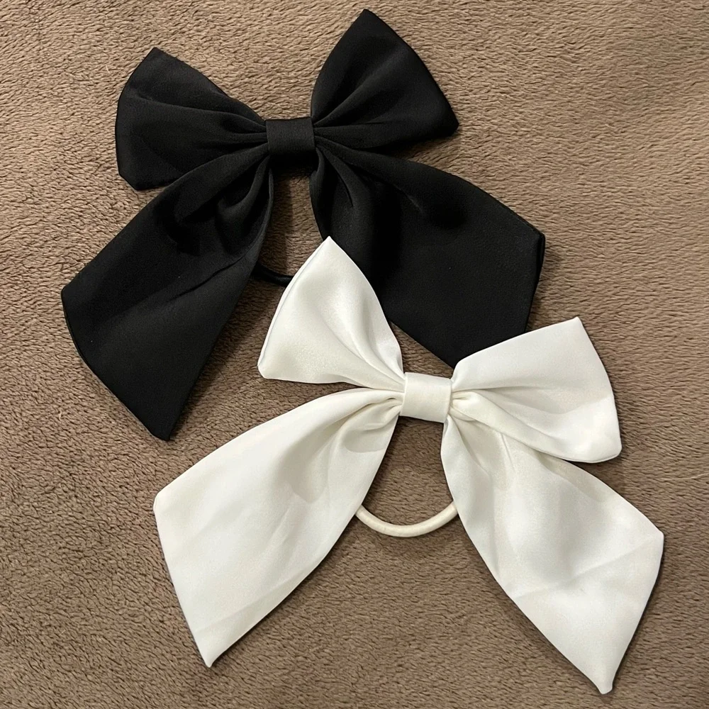 Elegant Satin Bow Hair Tie Lot of 2 Girly Ponytail Holders Black Off White